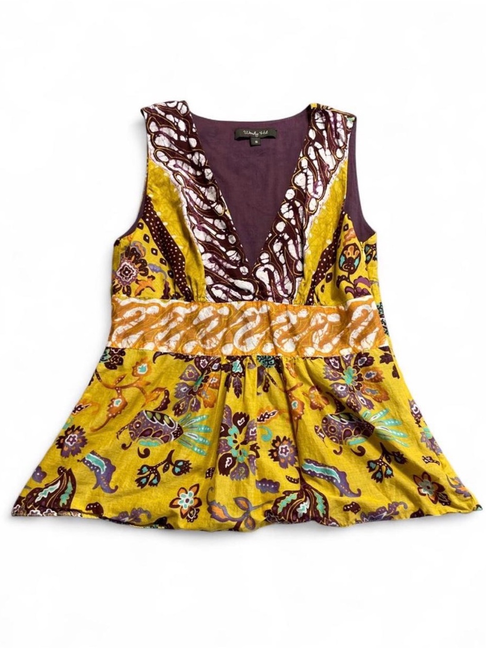 Wendy Hil Yellow Floral Paisley V-Neck Peplum Tank Size Small 100% Cotton